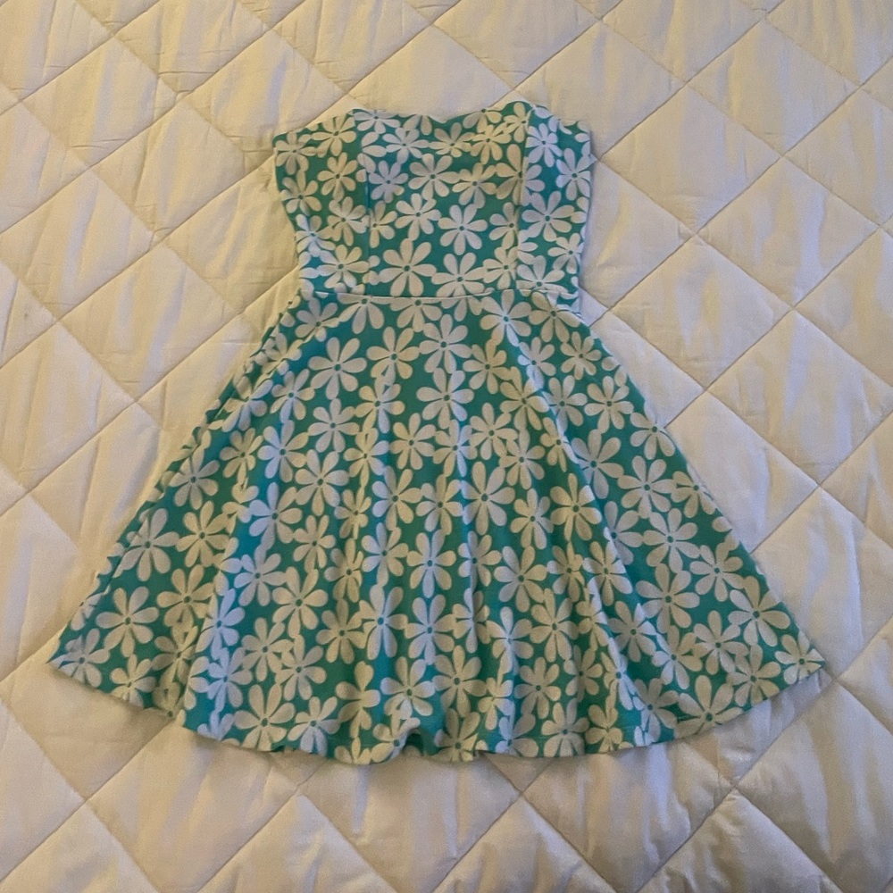 Sababa Women’s Teal-colored Strapless Dress with White Floral Print